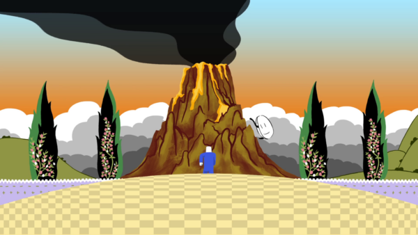 Animation still, volcano scene