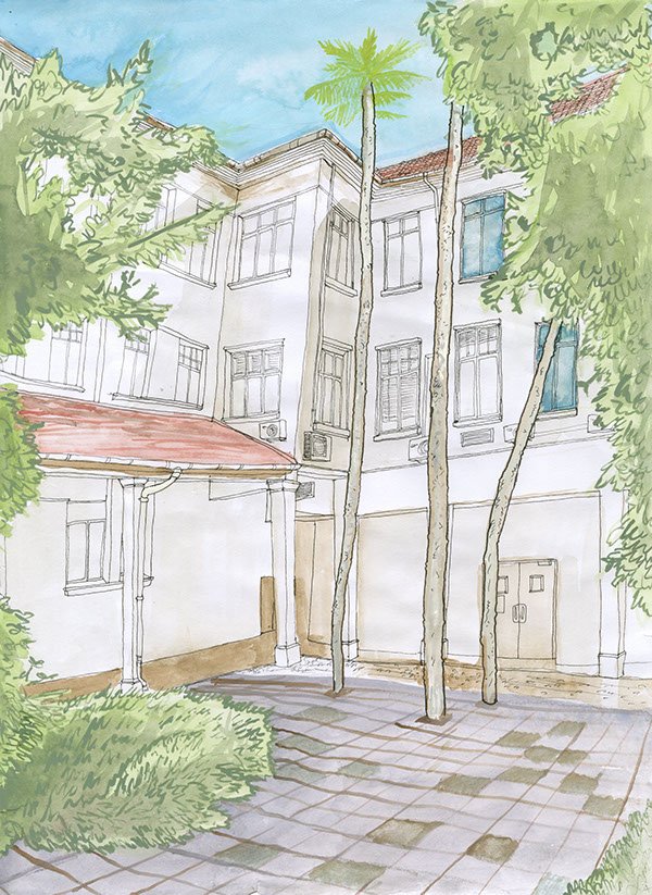 Watercolour painting of a university building