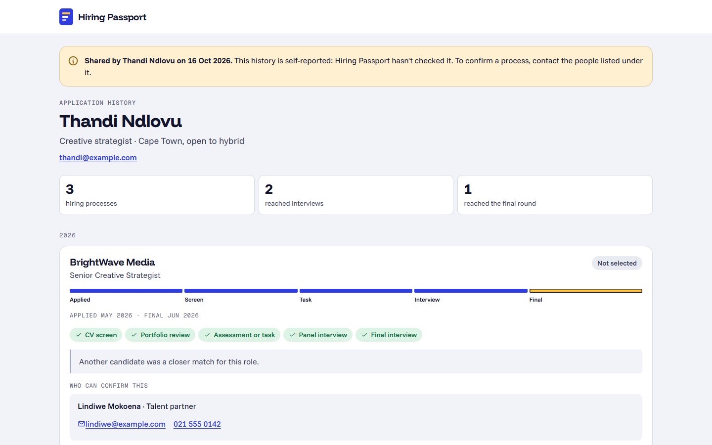 Hiring Passport: a shared application history