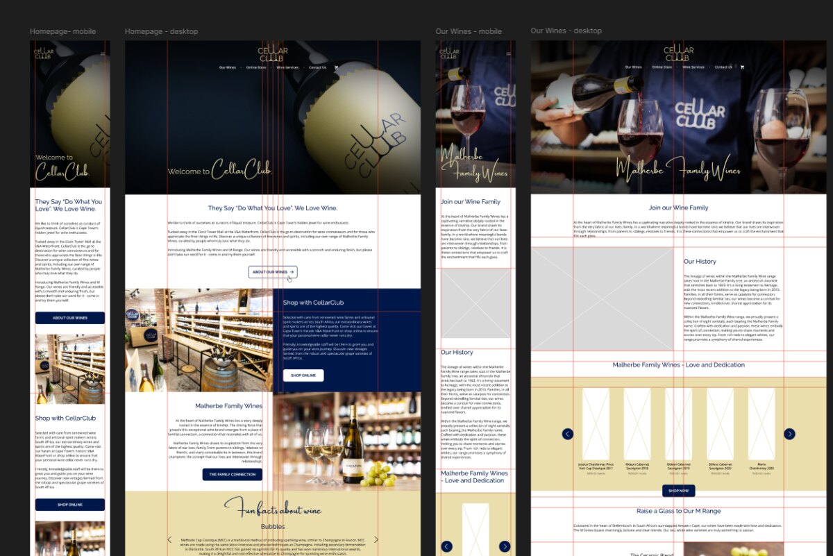 Cellar Club, responsive web layouts (mobile and desktop)